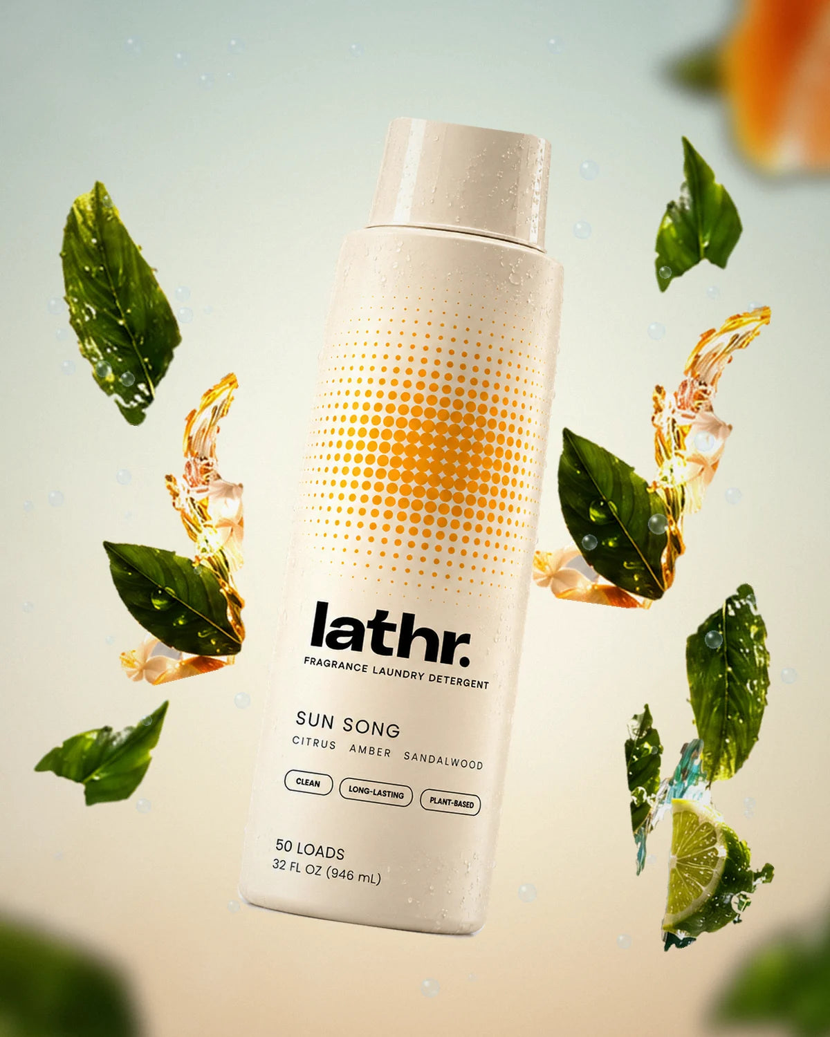 Lathr Sun Song floating among leaves, citrus blossom and water droplets